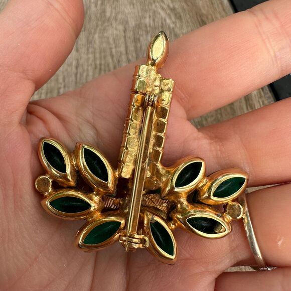 ST LABRE Christmas Candle Brooch Red Rhinestones Green Navette Cabochons - Picture 4 of 6